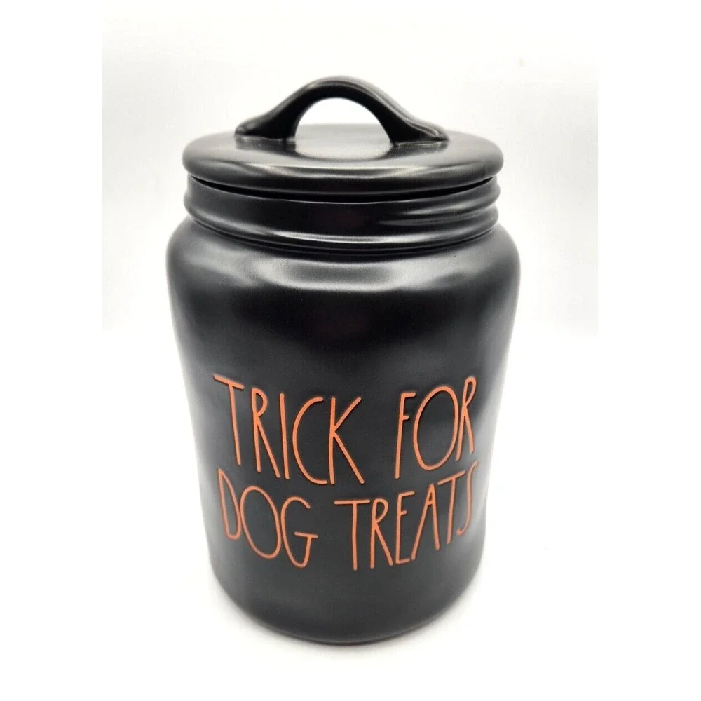 Rae Dunn Artisan Collection Trick For Dog Treats Black Jar Halloween Looks Great